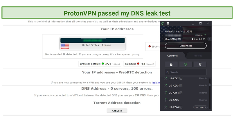 Screenshot of ProtonVPN connected to the AZ#6 server during a test on ipleaknet
