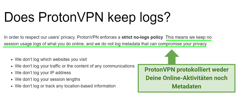 A screenshot of Proton VPN's no-logs policy stating they record no session usage logs or metadata