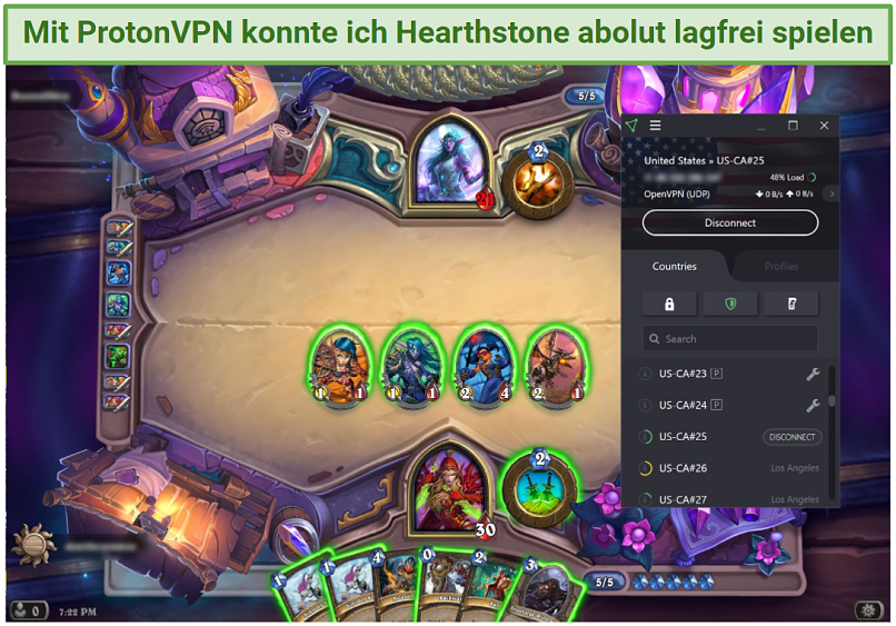 Screenshot of an online Hearthstone match played while connected to Proton VPN
