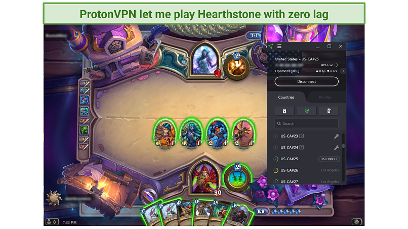 Screenshot of an online Hearthstone match played while connected to ProtonVPN