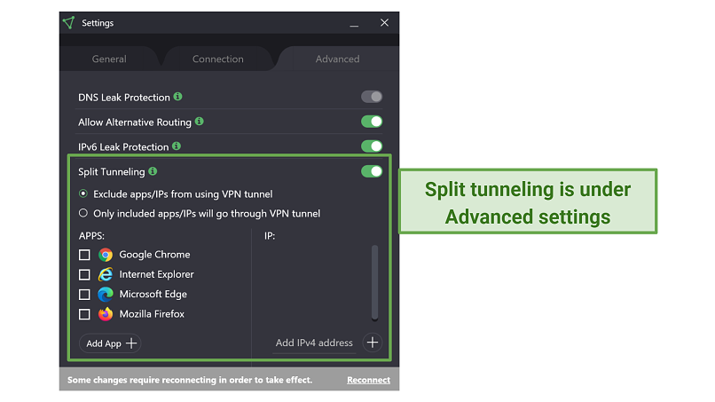 Screenshot of ProtonVPN settings showing where to find split tunneling