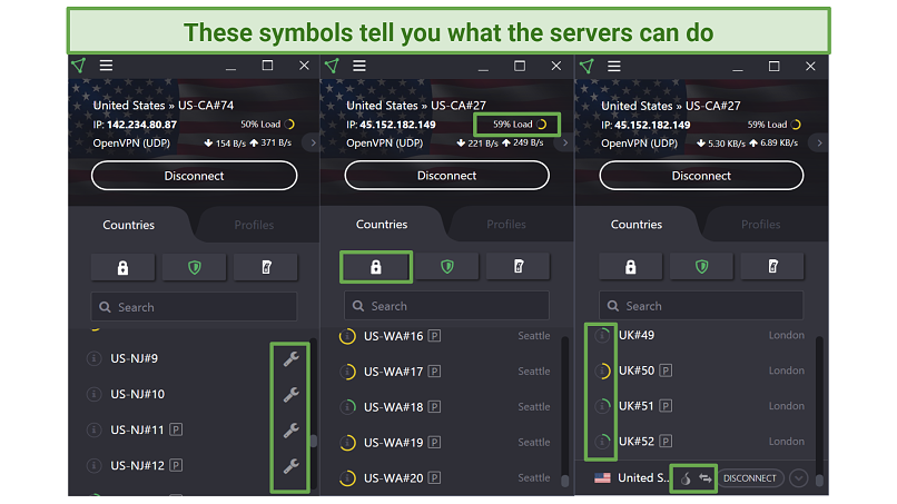 Screenshot of ProtonVPN app's Secure Core, TOR, Plus, and Maintenance symbols