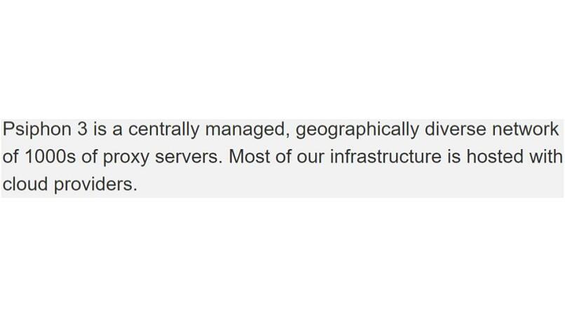 Screenshot showing details of Psiphon's server network