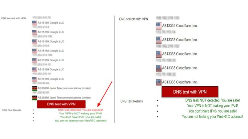 A screenshot of my DNS leak tests with Psiphon's VPN and proxy mode