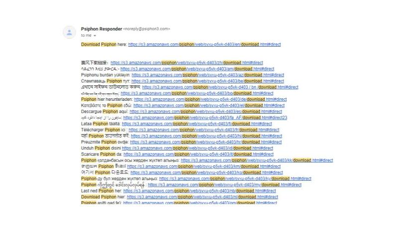 A screenshot of the email I got containing Psiphon's download links in different languages