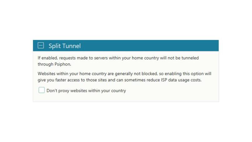 A screenshot of the split tunneling option on Psiphon's Windows app