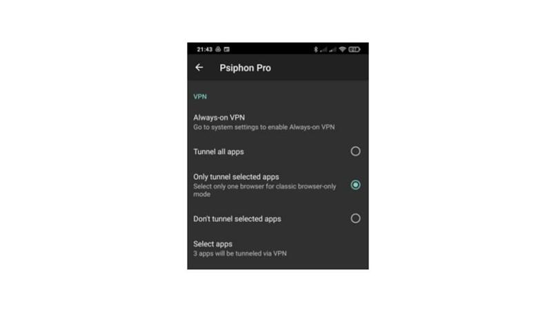 Screenshot showing split tunneling options on Psiphon Pro