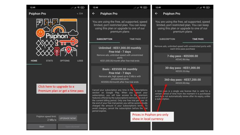 A screenshot showing the subscription plans and time passes on Psiphon Pro