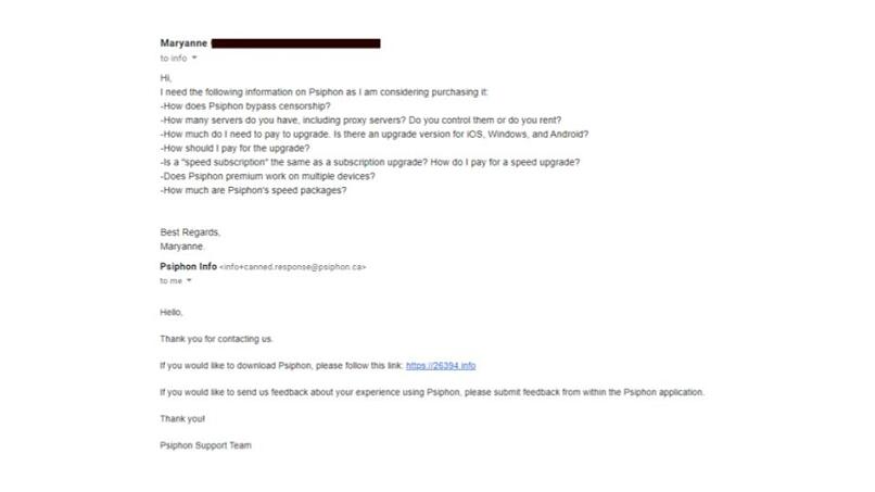 Image of email exchange with Psiphon Customer Support