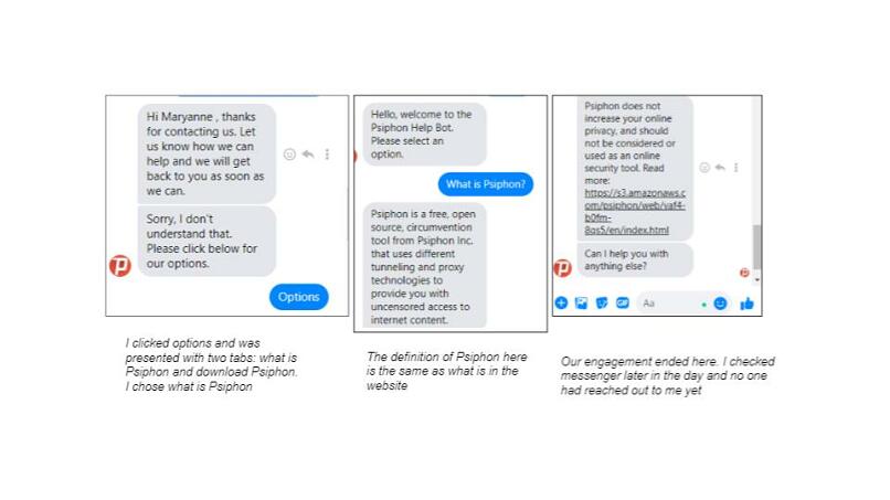 A screenshot of my exchange with Psiphon's support on Messenger