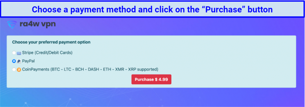 screenshot of RA4W's payment methods