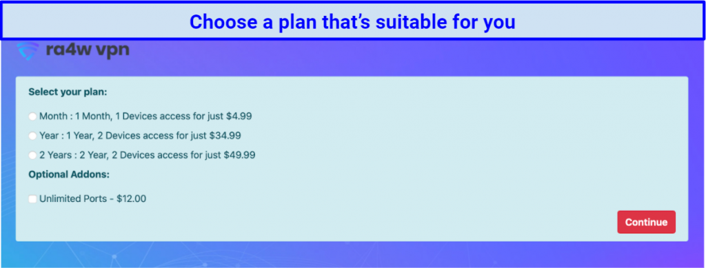 screenshot of RA4W's plan selection page