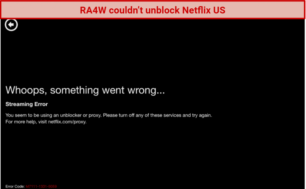 screenshot of Netflix's VPN detection message