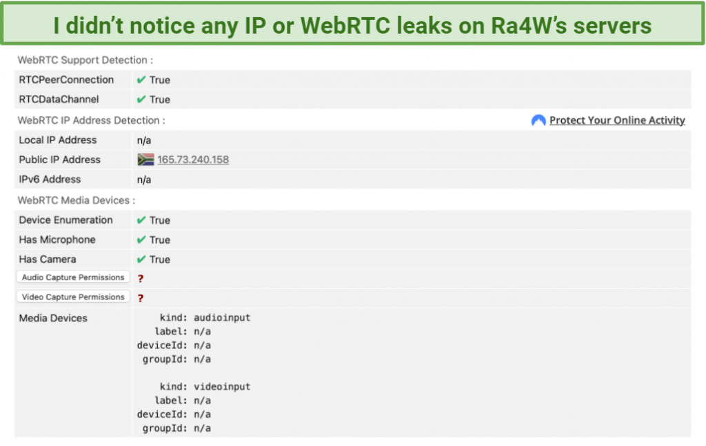 screenshot of RA4W's ip and WebRTC leak test