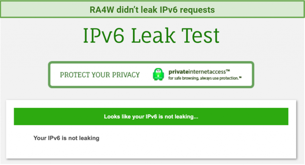 screenshot of RA4W's IPv6 leak test