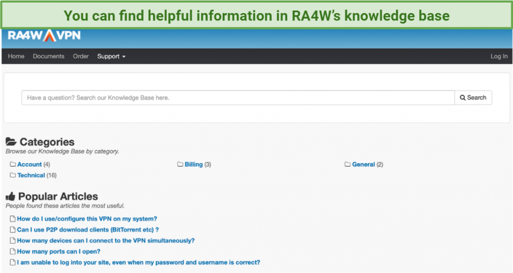 screenshot of RA4W's knowledge base