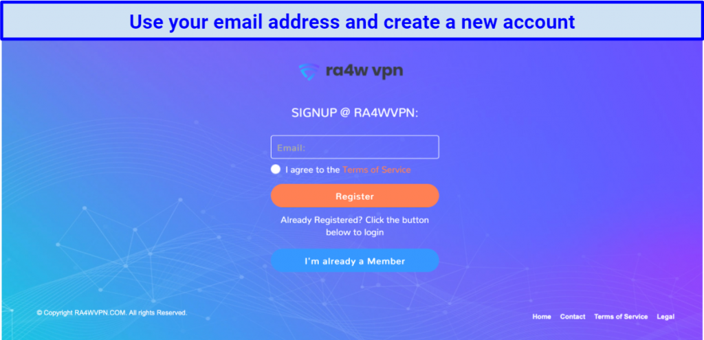 screenshot of RA4W's sign-up page