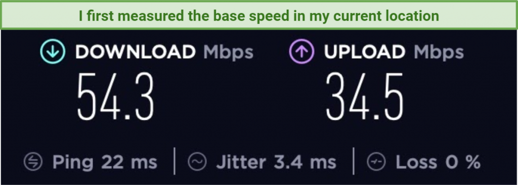 screenshot of speed test results without a VPN