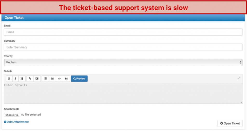 screenshot of RA4W's ticket-based support system