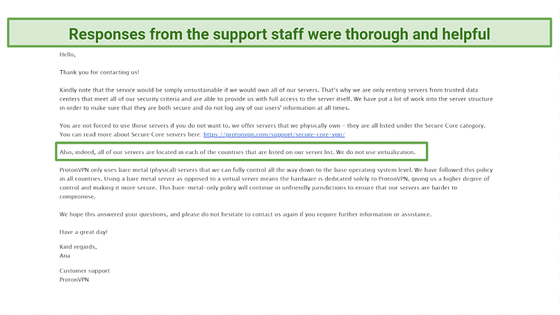 Screenshot of Email received from support answering questions about rented servers and virtual locations 