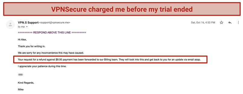 Screenshot of my email correspondence with VPNSecure's support team regarding my refund