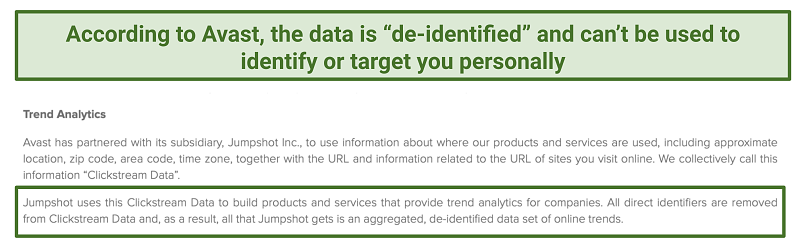 Screenshot from Avast's old Privacy Policy talking about its collection of user data through its partnership with Jumpshot
