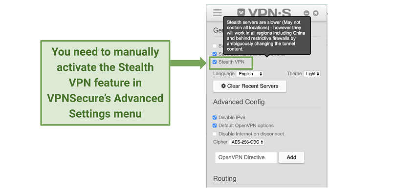 Screenshot of VPNSecure's StealthVPN feature in Advanced Settings meni