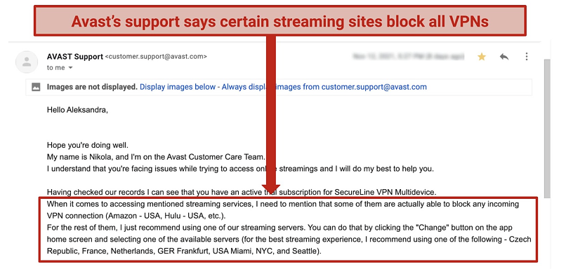 Screenshot of the email reply from Avast SecureLine's customer support on my question regarding streaming 