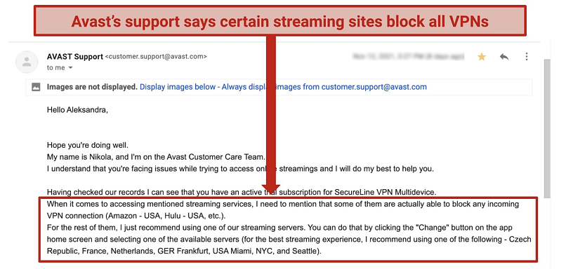 Screenshot of the email reply from Avast SecureLine's customer support on my question regarding streaming