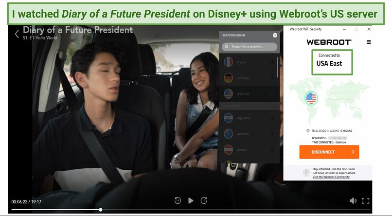 Screenshot of Webroot's WiFi odemknutí Disney+