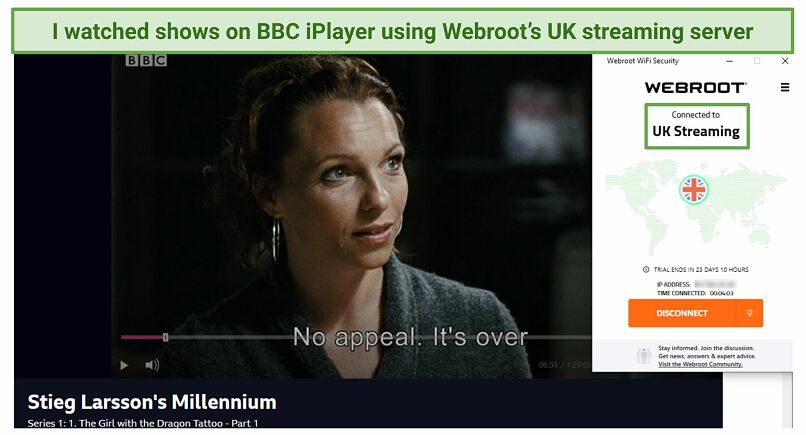 Screenshot of Webroot&rsquo;s VPN unlocking BBC iPlayer