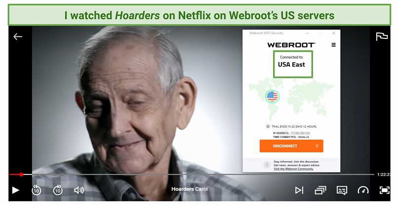 Screenshot of Webroot’s VPN unlocking US Netflix