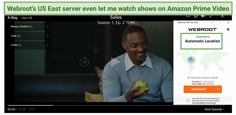 Screenshot of Webroot’s VPN unlocking Amazon Prime Video