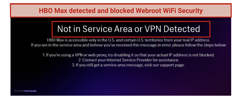 Screenshot of HBO Max not being unblocked by Webroot’s VPN