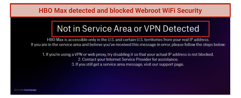 Screenshot of HBO Max not being unblocked by Webroot&rsquo;s VPN