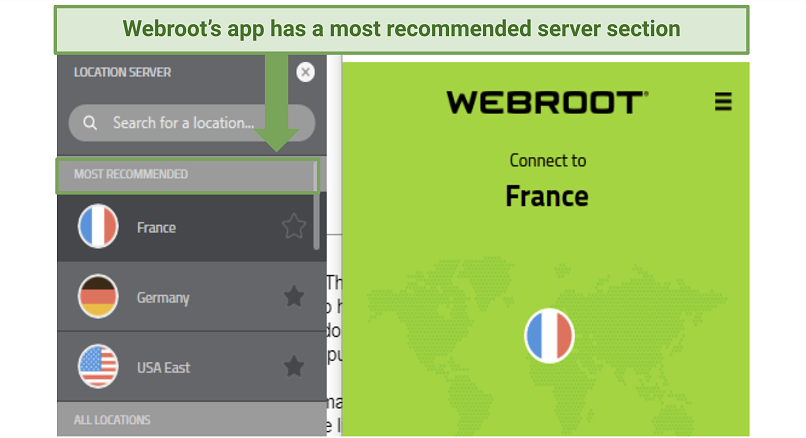 Στιγμιότυπο οθόνης της εφαρμογής Webroot με τη λίστα διακομιστών