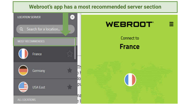 Screenshot of Webroot&rsquo;s app with server list