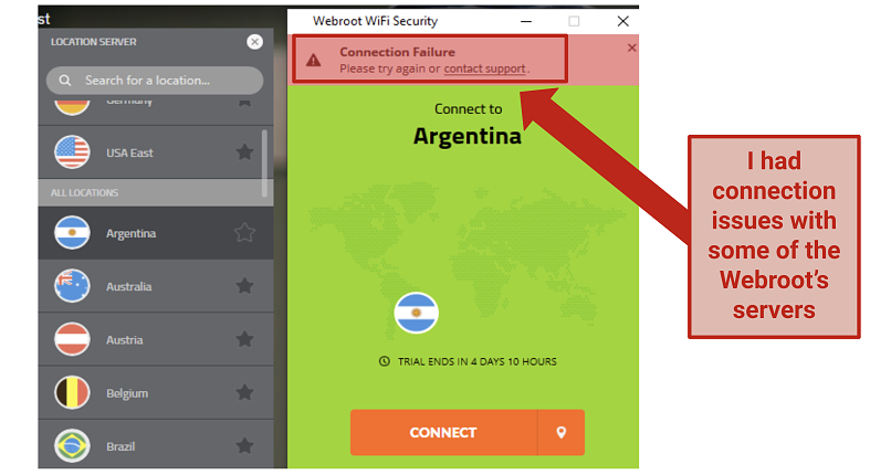 Screenshot che mostra l'errore di connessione dalla VPN di Webroot
