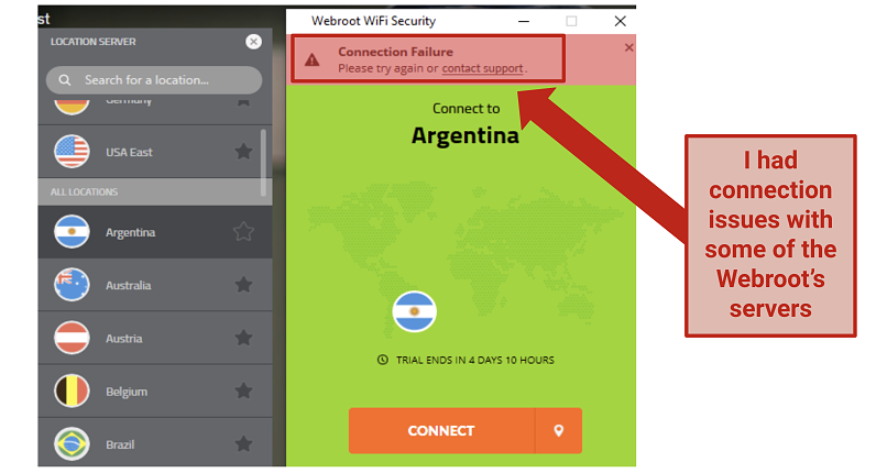 Screenshot showing connection error from Webroot&rsquo;s VPN