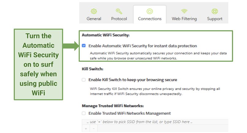 Screenshot del menu Impostazioni Wifi Security Connections WiFi