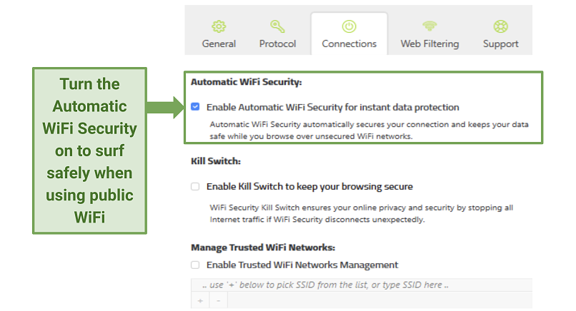 Screenshot of Webroot WiFi Security connections settings menu