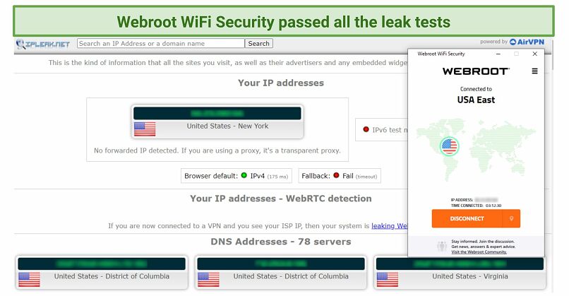 Screenshot ukazující test DNS testu Webroot's VPN
