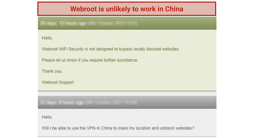 Screenshot of customer service's response regarding China query