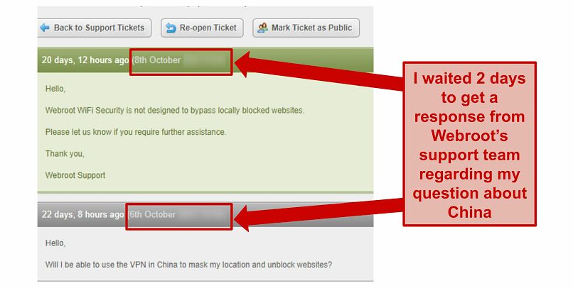 A screenshot of Webroot's support team reply to my question about whether it works in China