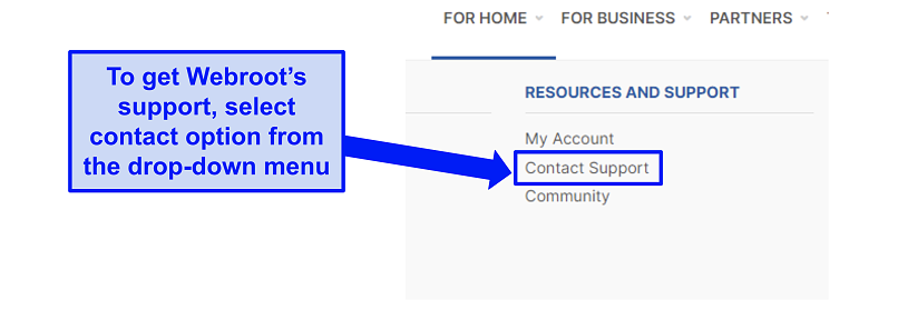 Screenshot showing support option from Webroot’s dropdown menu