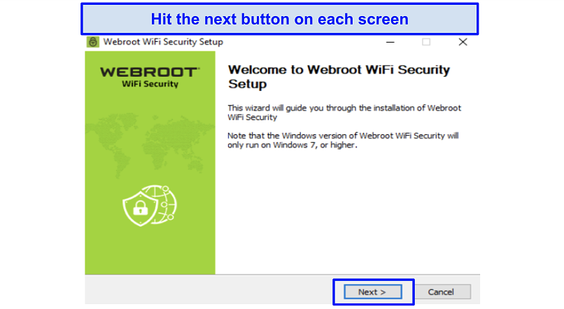 Screenshot of Webroot WiFi Security set-up screen