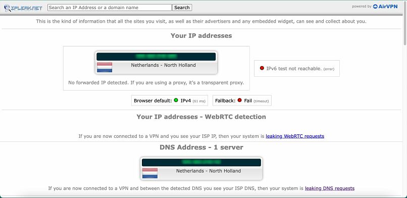 A screenshot of IVPN's leak test