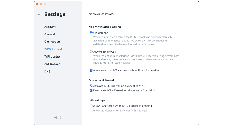 Screenshot of IVPN's Firewall settings