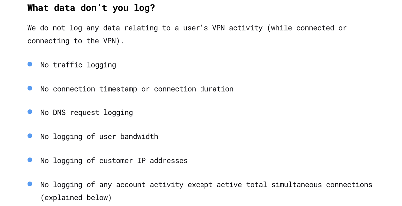 Screenshot of an excerpt from IVPN's privacy policy regarding the information they don't log