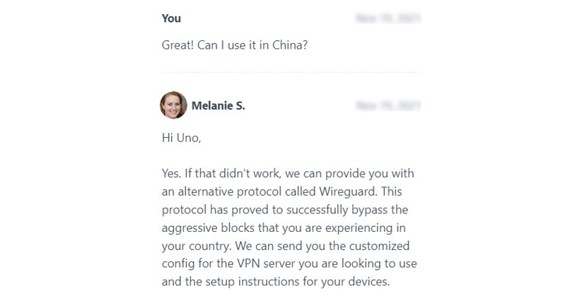 Screenshot of Unlocator's support team reply to my question if the VPN could work in China